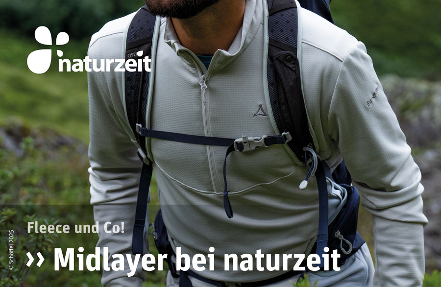 Teaserbild - Midlayer Jacken, Fleecejacken, usw. - Person mit grauer Fleecejacke und Rucksack im Freien