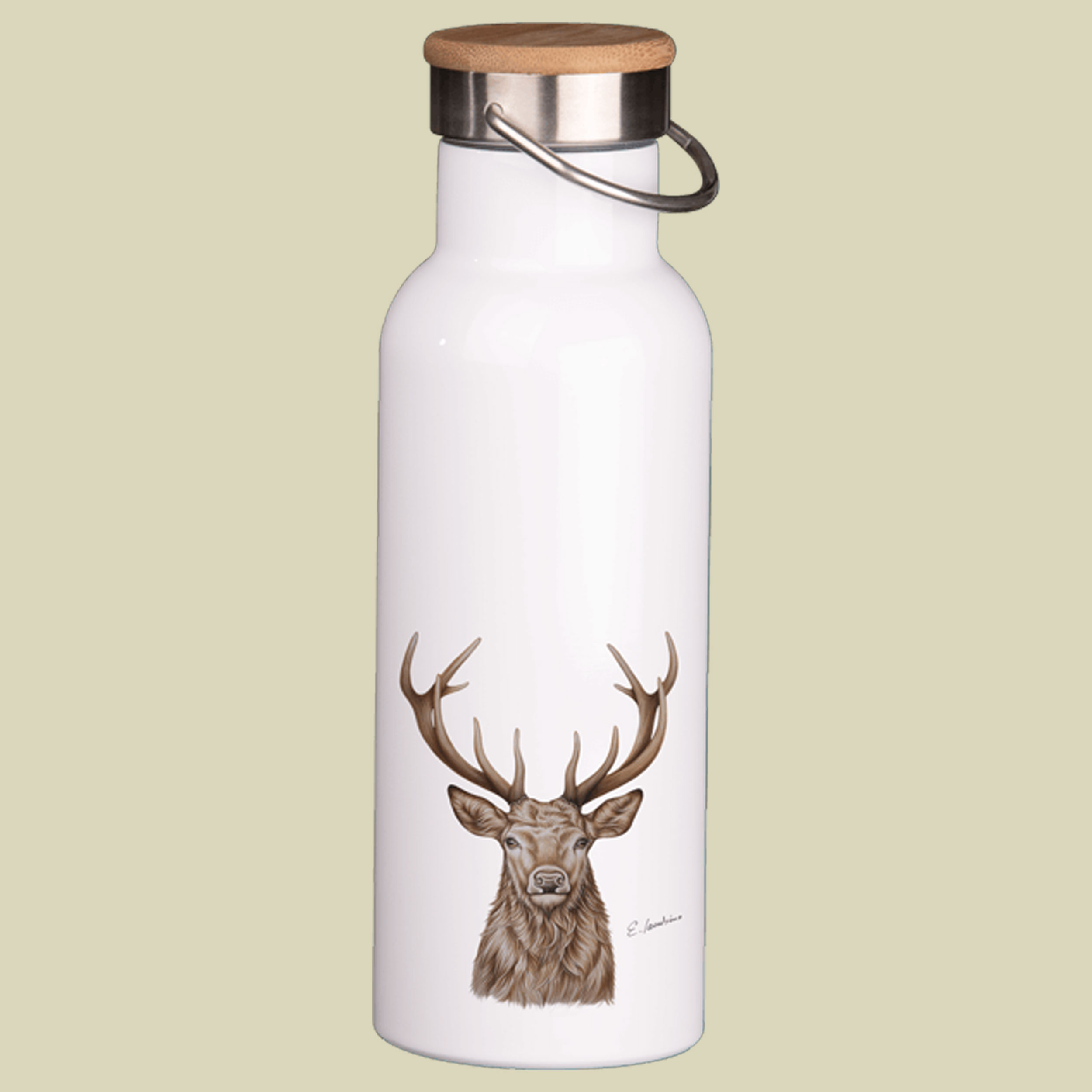 Thermosflasche mit Bambusdeckel 750 ml weiß Hirsch