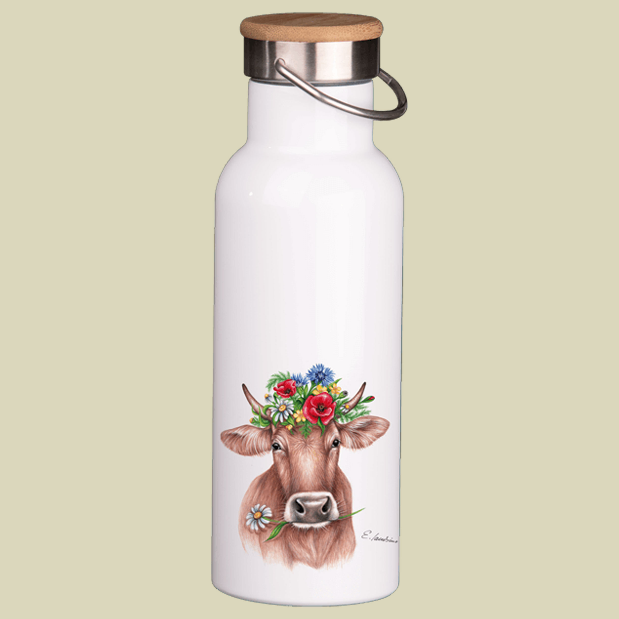 Thermosflasche mit Bambusdeckel 750 ml weiß Blumenkuh