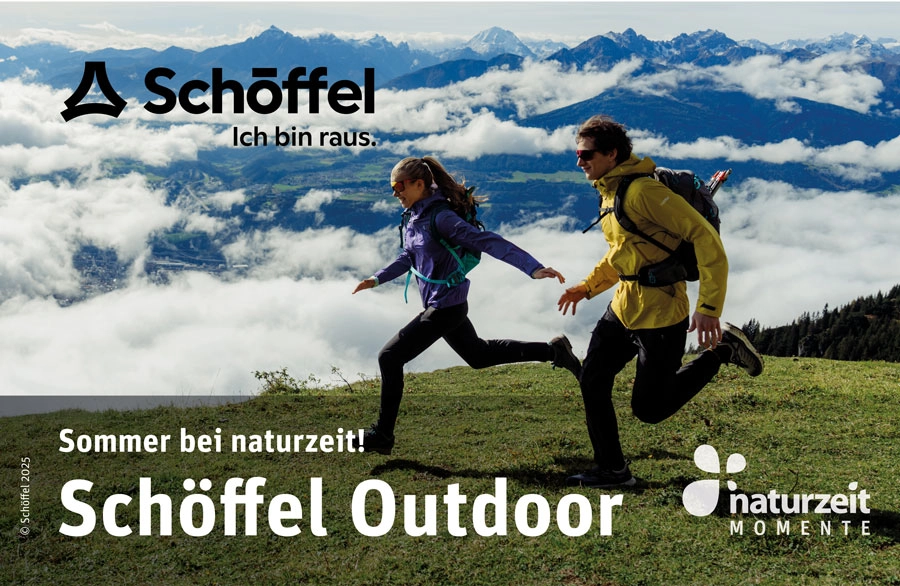 Schöffel Teaser - zwei Personen rennen über eine Wiese. Schöffel Logo und naturzeit Logo sind am Rand des Bildes platziert.