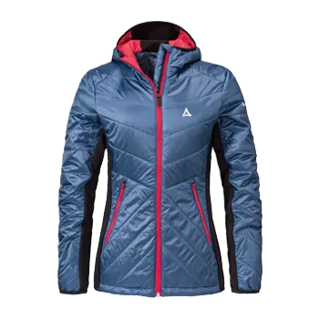 blaue Outdoorjacke mit pinken Reißverschlüssen auf weißem Hintergrund