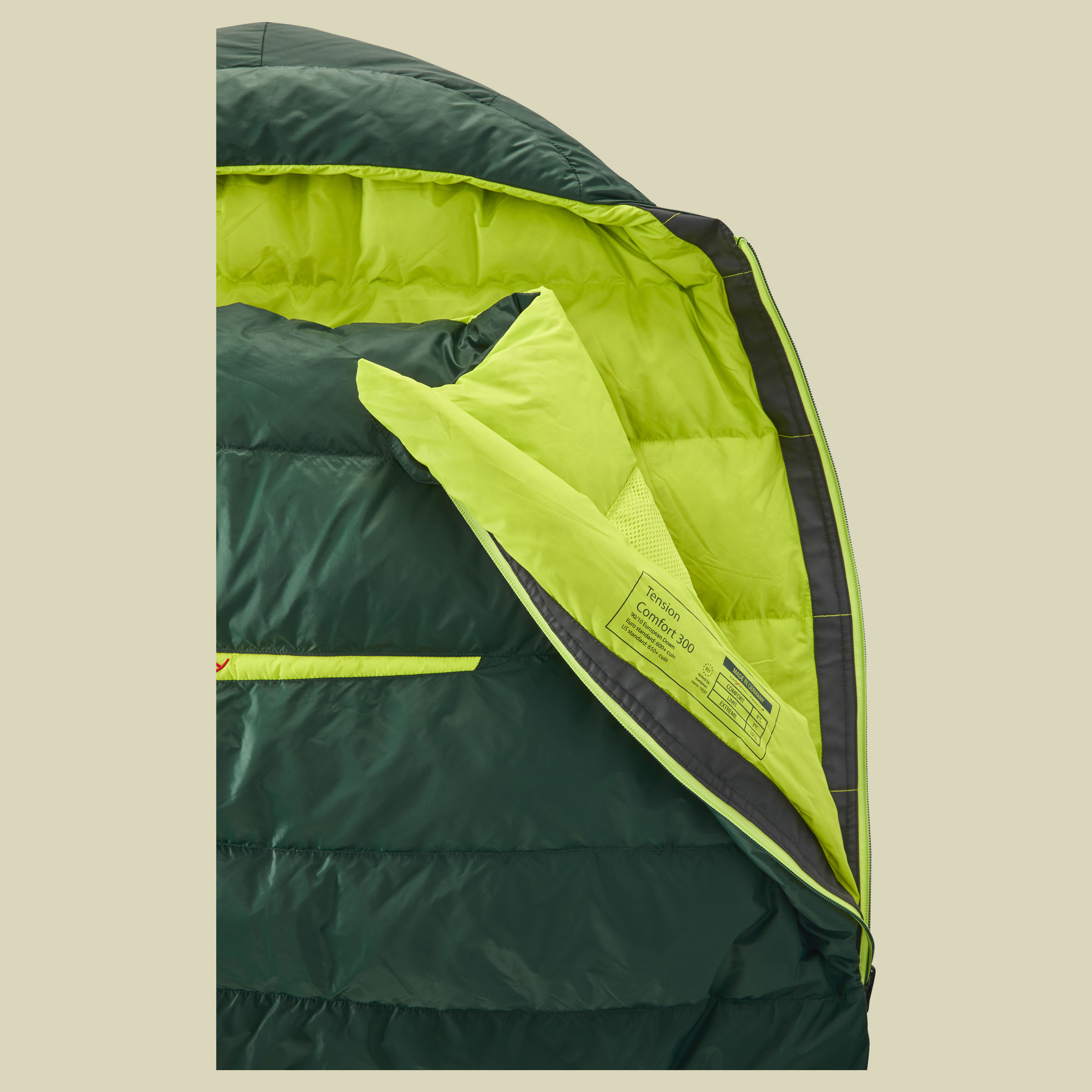 Tension Comfort 300 bis Körpergröße 205 cm (XL) Farbe scarab-lime , Reißverschluss links