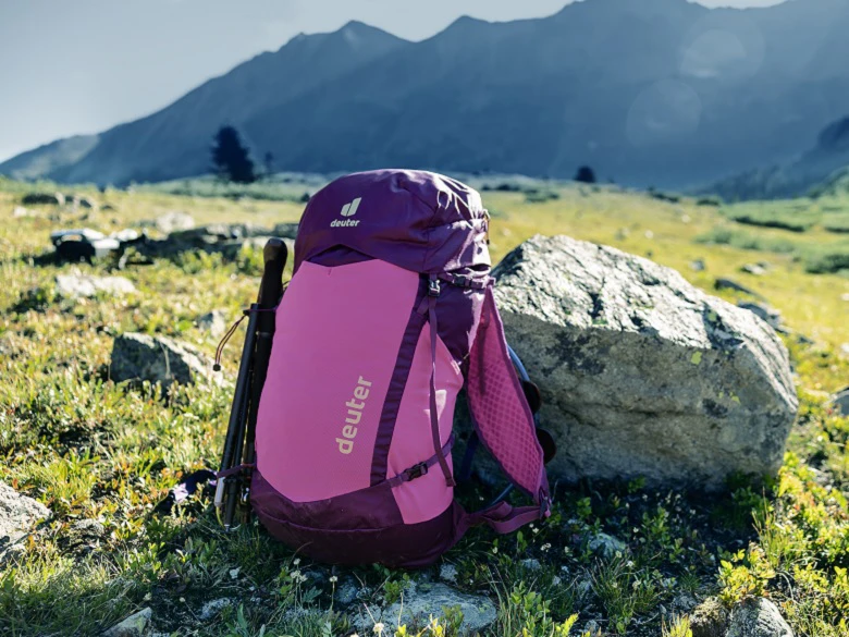 deuter Speed Lite Pro Rucksack in violett-pink steht im Gebirge und lehnt an einem Felsen