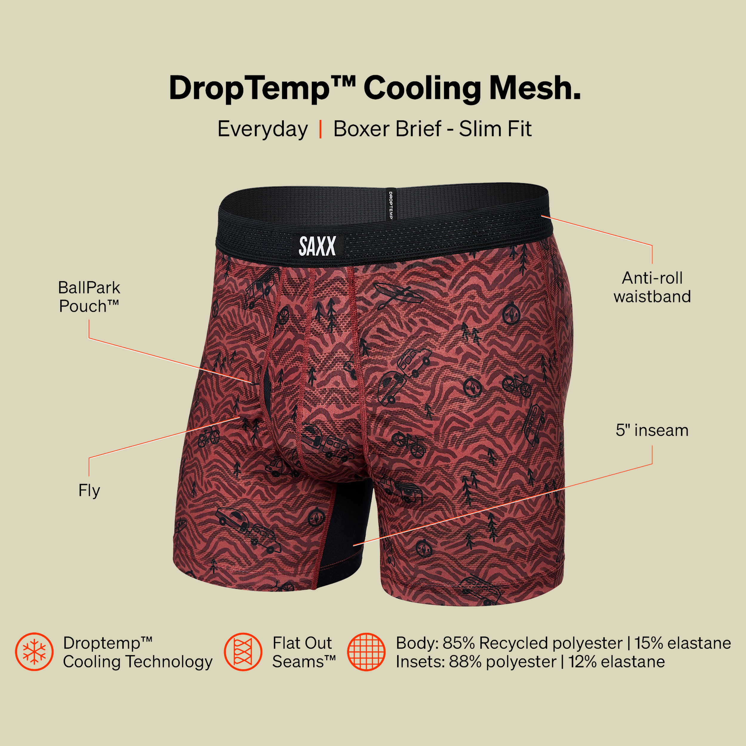 Droptemp Cooling  Mesh Boxer Brief Fly rot M - head for the hills- red