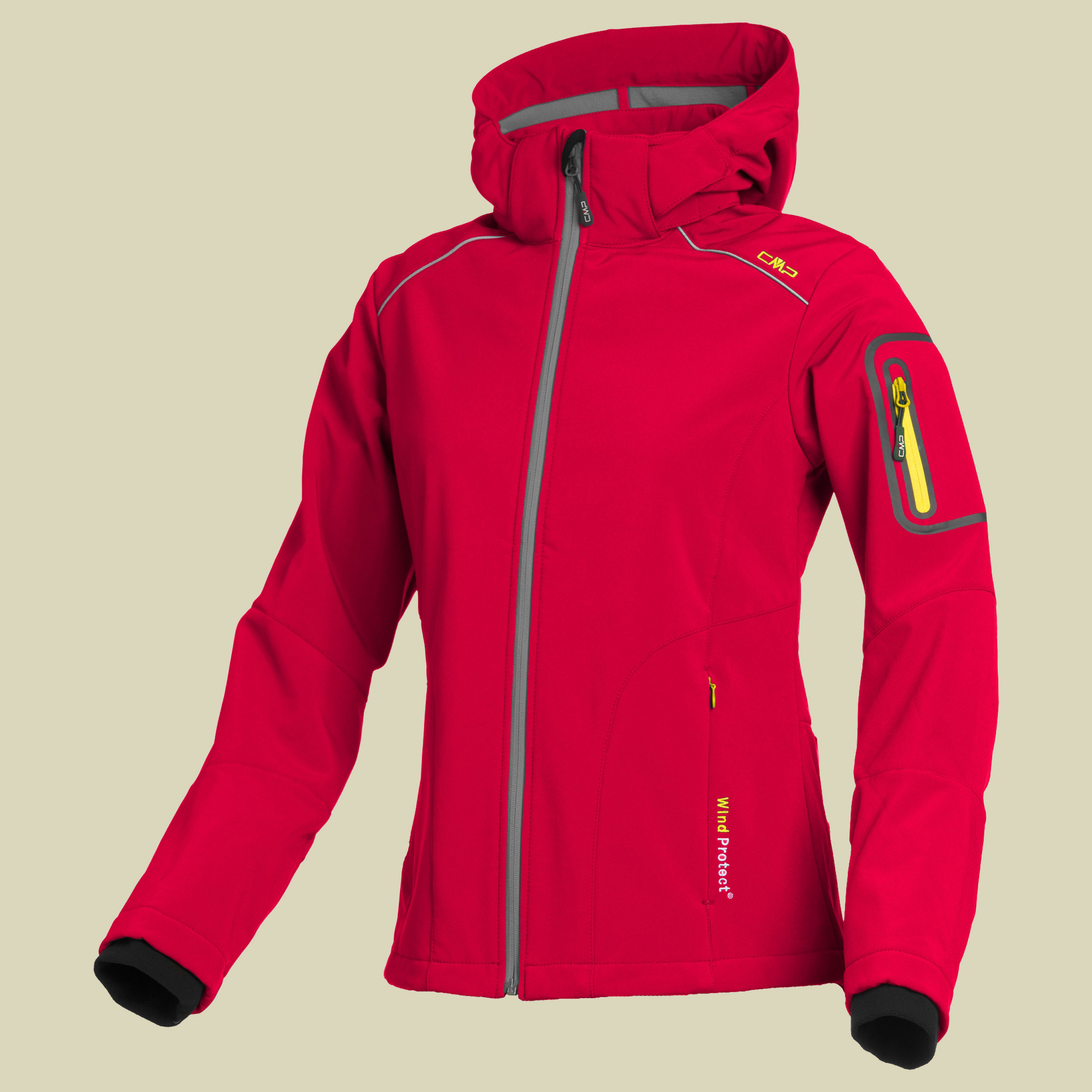 Woman Softshell Jacket Zip Hood CMP 3A05396 Größe 34 Farbe red fluo - grey - yellow fluo