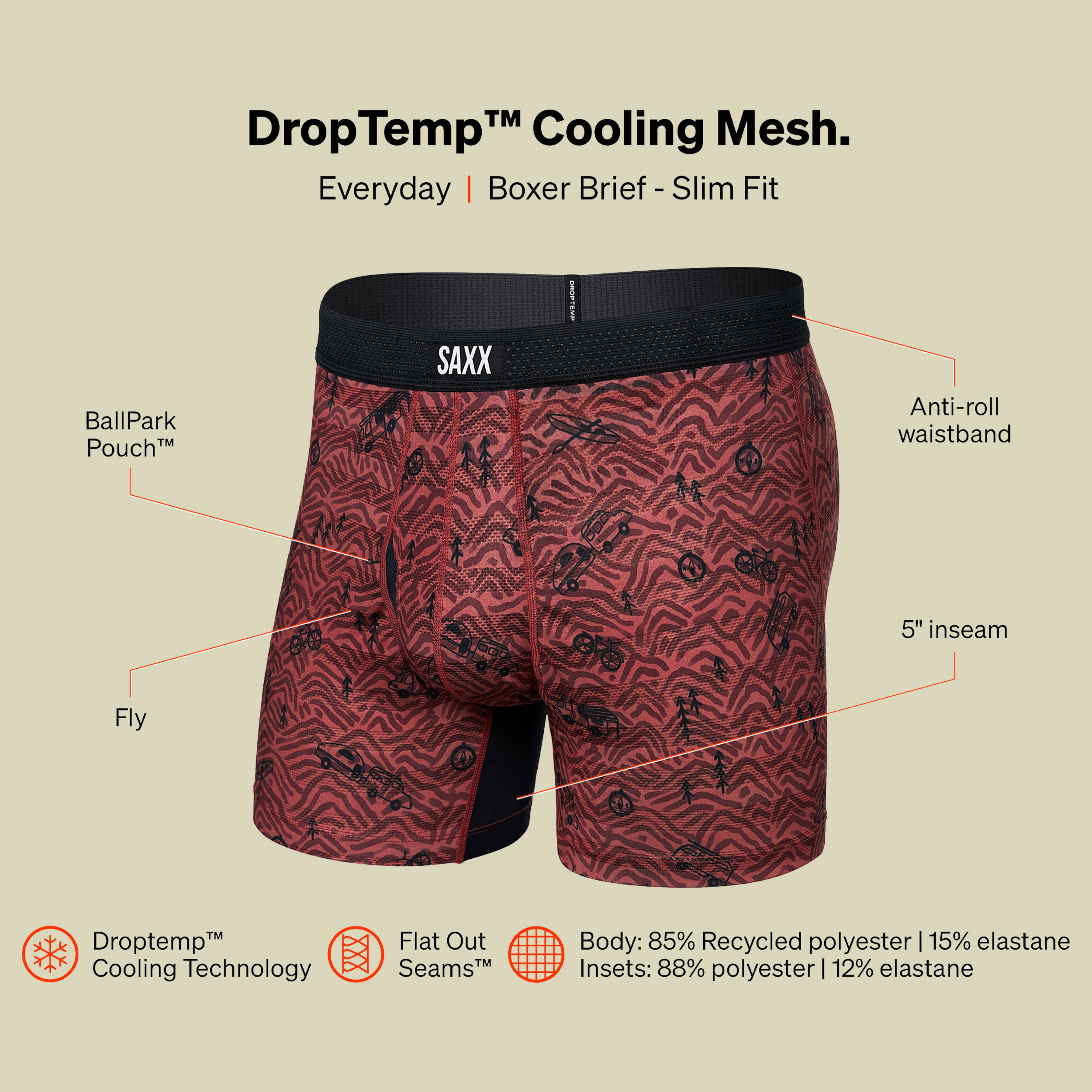 Droptemp Cooling  Mesh Boxer Brief Fly rot L - head for the hills- red