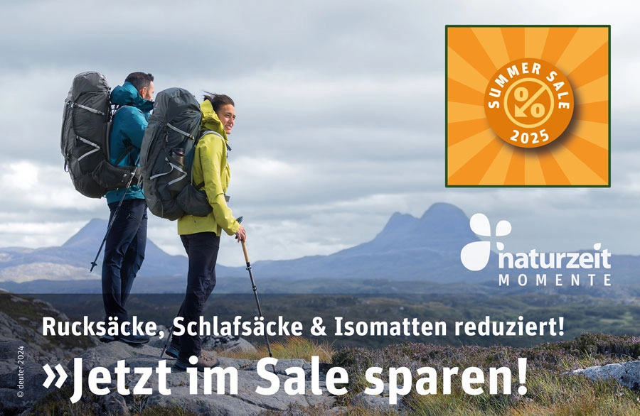 Teaserbild - Rucksäcke, Schlafsäcke und Isomatten reduziert im Summer Sale 2025 bei naturzeit