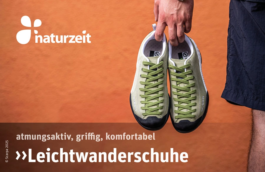 Wanderschuhe Teaser - Person hält zwei grüne Scarpa Schuhe in einer Hand